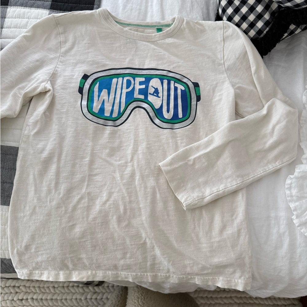Boden Kids Cream Long Sleeve Shirt with Blue Graphic